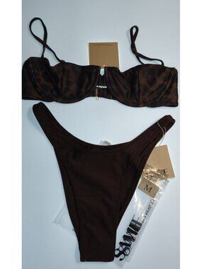 SAME Los Angeles Bikini Set M Leopard Underwire Top Brown High Waist Bottom